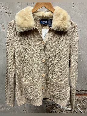 Liz Claiborne Petite Beige Cable Fisherman Knit Fur Lined Collar Sweater Small S